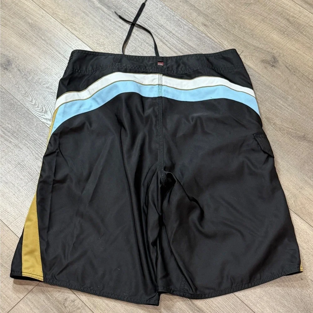 Vintage Y2K Quiksilver Mens 36 Board Shorts Black Gold Blue Embroidered RARE
